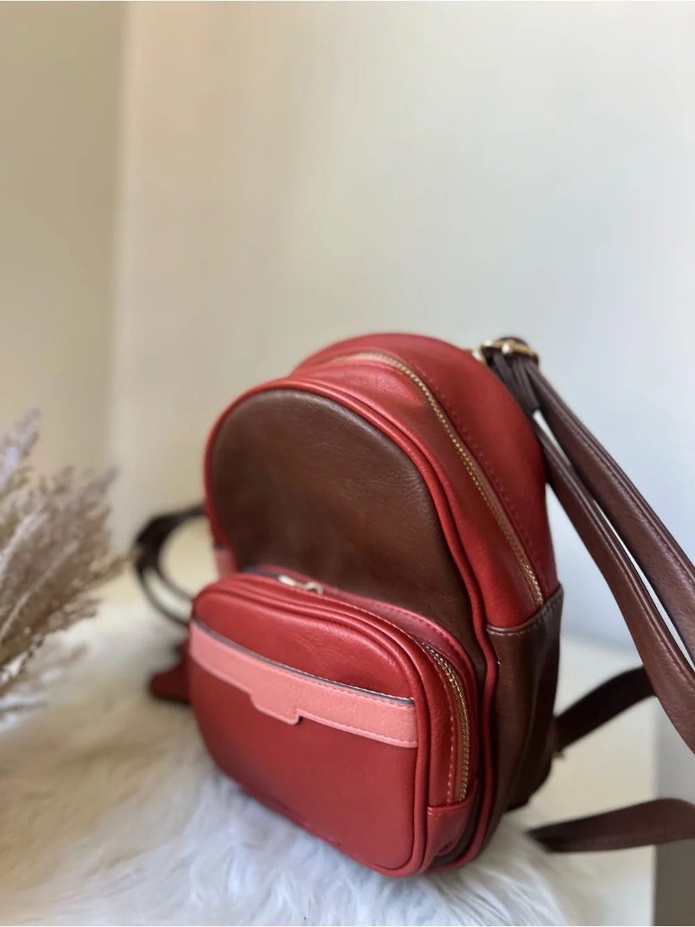 No boundaries Compact Two-Tone Leather Mini Backpack in Red and Brown new